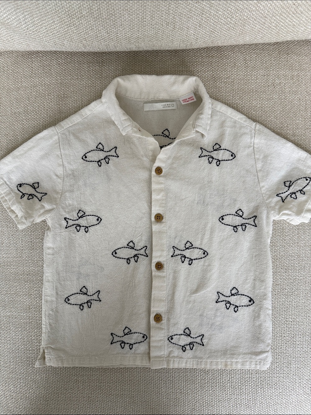 Zara Cream Short-Sleeve Button-Down Shirt with Navy Fish Embroidery